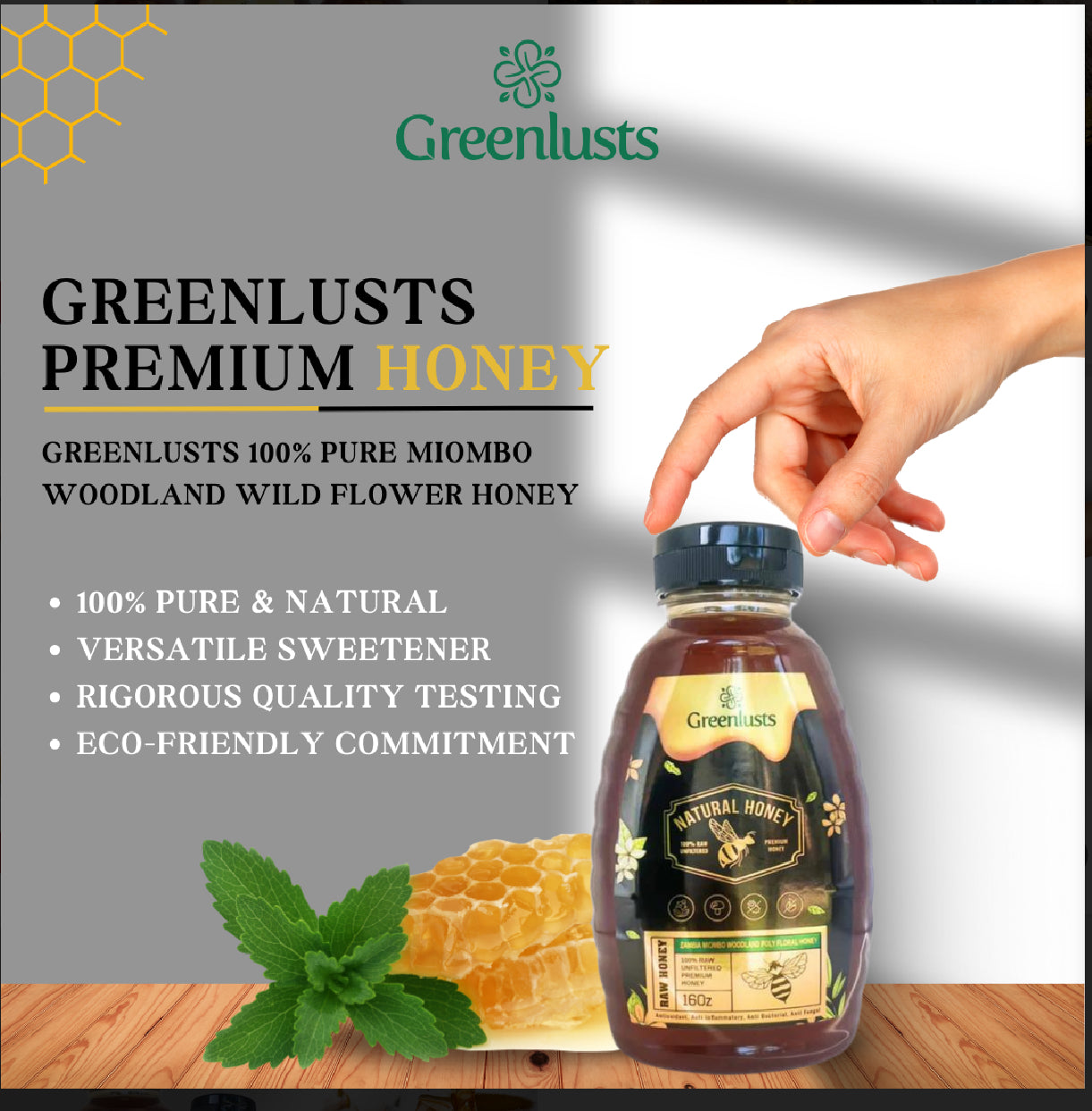Greenlusts 100% Raw and imported Miombo Woodland Poly Floral Premium Honey 16Oz