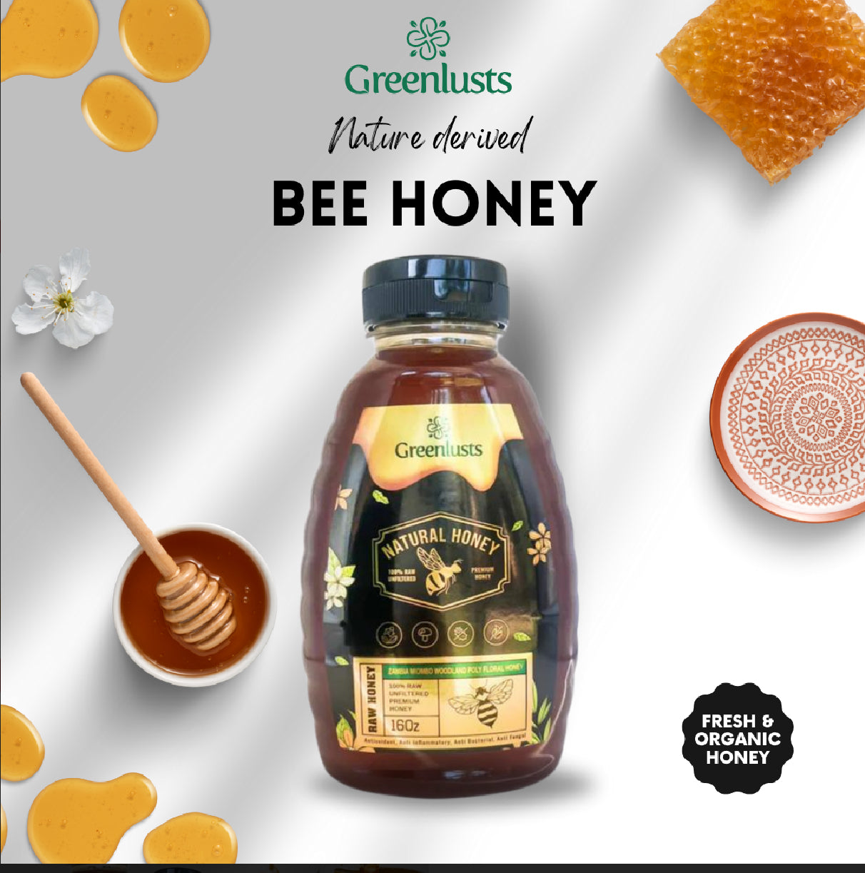 Greenlusts 100% Raw and imported Miombo Woodland Poly Floral Premium Honey 16Oz
