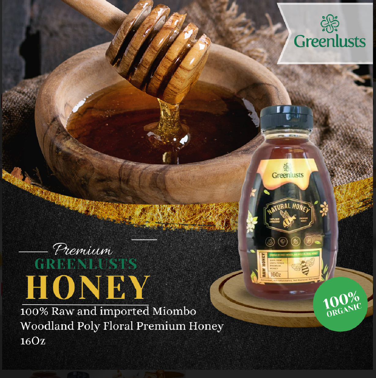 Greenlusts 100% Raw and imported Miombo Woodland Poly Floral Premium Honey 16Oz