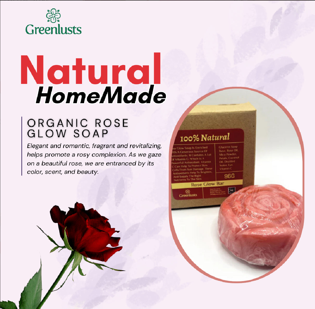 Greenlusts Natural Handmade Rose Glow Soap 100g