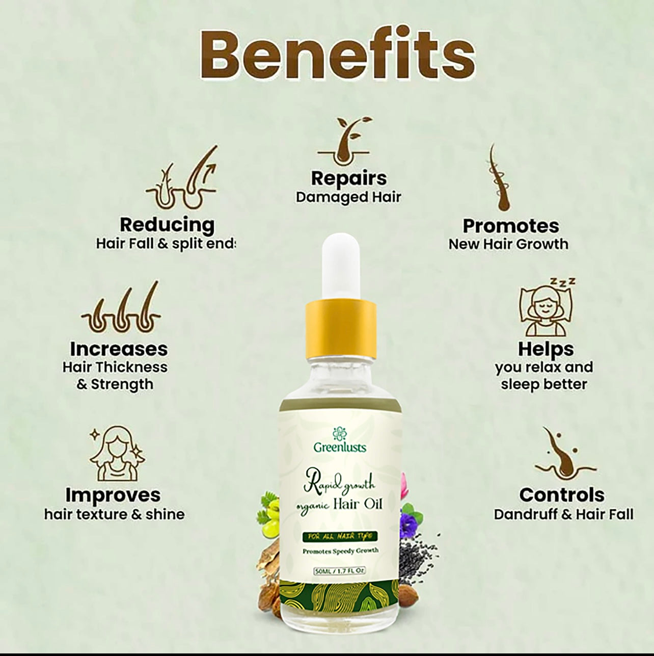 GreenLusts Natural Hair Growth Oil for hair growth, hair repair, dandruff, hair loss 2.7 Oz